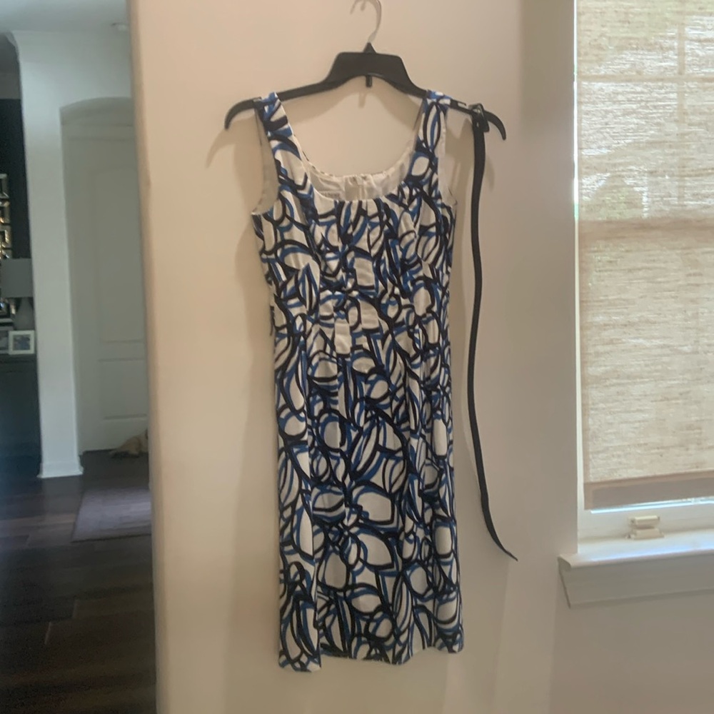 Kay Unger blue and white print dress